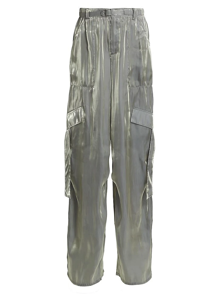 Metallic Organza Straight-Leg Utility Pants