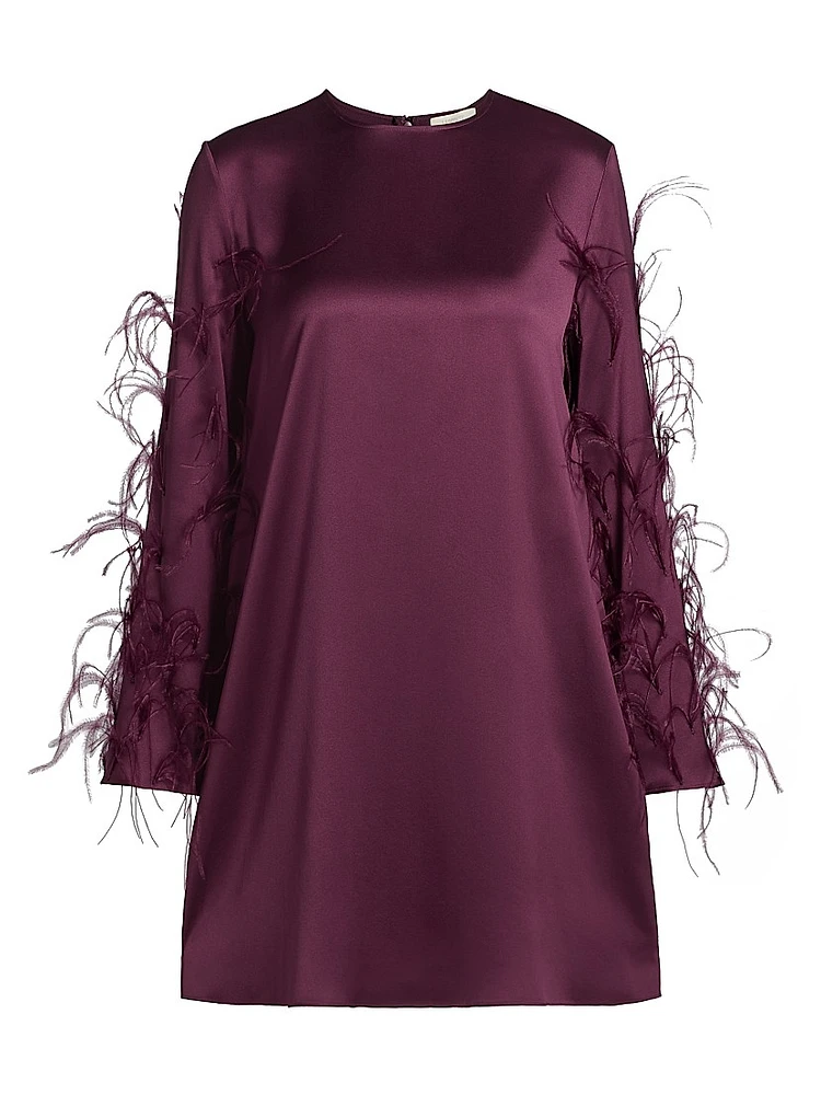 Feather Embellished Satin Shift Minidress