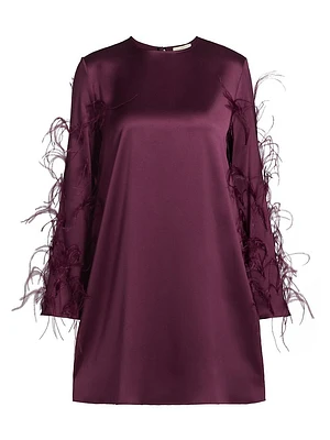 Feather Embellished Satin Shift Minidress