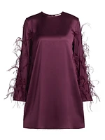 Feather Embellished Satin Shift Minidress