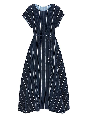 Belted Plisse Flared Midi Dress