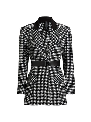 Houndstooth Belted Single-Breasted Blazer