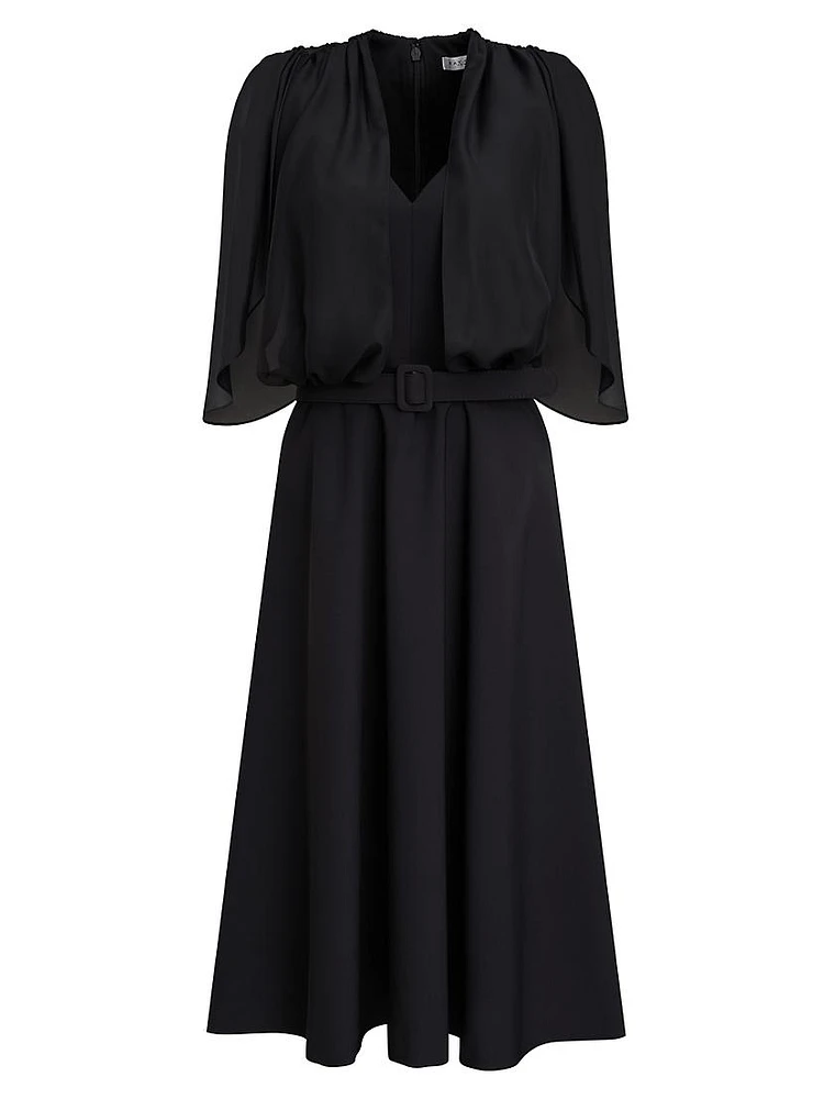 Deanna Crepe-Chiffon V-Neck Midi-Dress