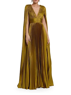 Metallic Pleated Charmeuse Cape Gown