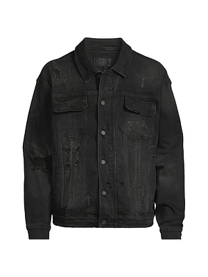 Crosses Distressed Denim Trucker Jacket