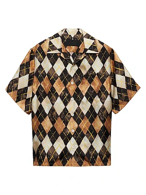 Short-Sleeved Argyle-Pattern Silk Twill Shirt