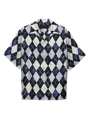 Short-Sleeved Argyle-Pattern Silk Twill Shirt