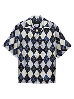 Short-Sleeved Argyle-Pattern Silk Twill Shirt