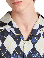 Short-Sleeved Argyle-Pattern Silk Twill Shirt