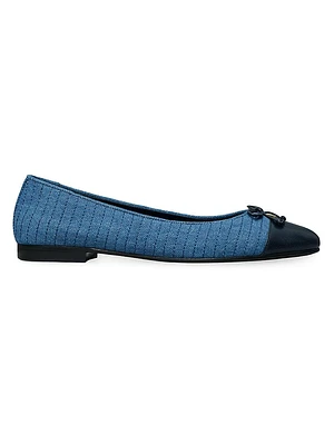 Leather & Quilted Denim Cap-Toe Ballet Flats