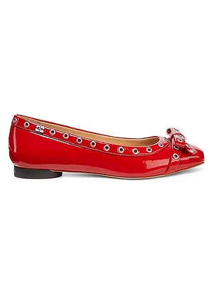 Eyelets Bow Patent Leather Ballerina Flats
