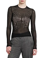 Beaded Tulle Long-Sleeve Top