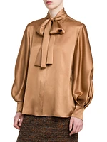 Silk-Blend Satin Tieneck Blouse