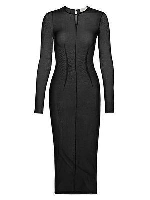 Mesh Long-Sleeve Midi-Dress