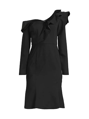 Ruffle Crepe One-Shoulder Knee-Length Dress