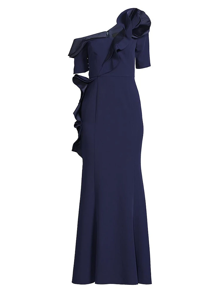 Ruffle Crepe One-Shoulder Gown