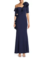Ruffle Crepe One-Shoulder Gown
