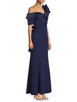 Ruffle Crepe One-Shoulder Gown