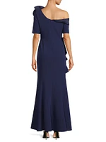 Ruffle Crepe One-Shoulder Gown