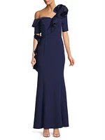 Ruffle Crepe One-Shoulder Gown