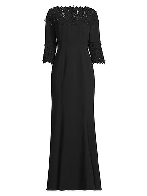 Embellished Crepe-Lace Boatneck Gown
