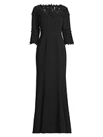 Embellished Crepe-Lace Boatneck Gown