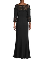 Embellished Crepe-Lace Boatneck Gown