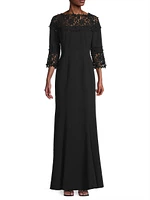 Embellished Crepe-Lace Boatneck Gown