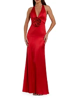 Satin Rosette V-Neck Slip Gown