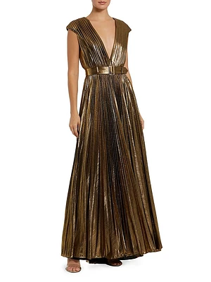 Metallic Pleated Belted A-Line Gown