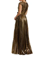 Metallic Pleated Belted A-Line Gown