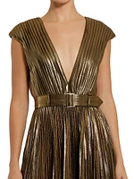 Metallic Pleated Belted A-Line Gown