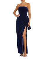 Draped Velvet Strapless Bow Hip Gown