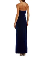 Draped Velvet Strapless Bow Hip Gown