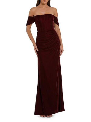 Velvet Bustier Off-the-Shoulder Gown
