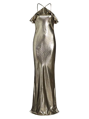 Metallic Silk-Blend Halterneck Ruffled Gown
