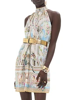 Printed Silk Tieneck Minidress