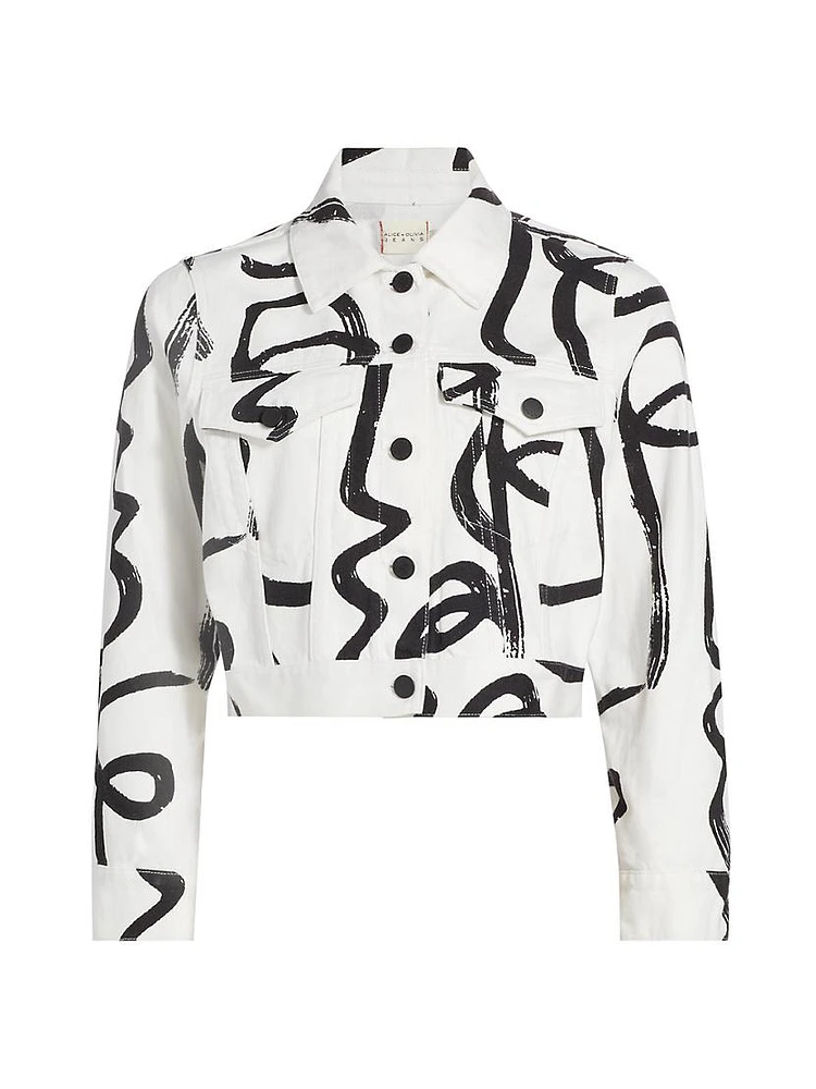 Chloe Painted Faces Boxy Cropped Denim Jacket