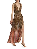 Alvina Leopard Chiffon Plunge Maxi Dress