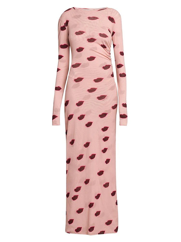 Lips Mesh Long-Sleeve Maxi Dress