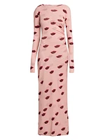 Lips Mesh Long-Sleeve Maxi Dress