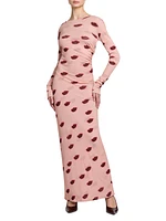 Lips Mesh Long-Sleeve Maxi Dress