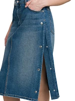 Side-Snap Denim Midi-Skirt