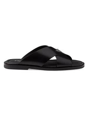 Brushed Leather Crisscross Slides