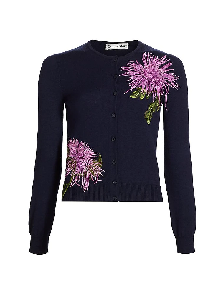 Floral-Embroidered Wool Cardigan