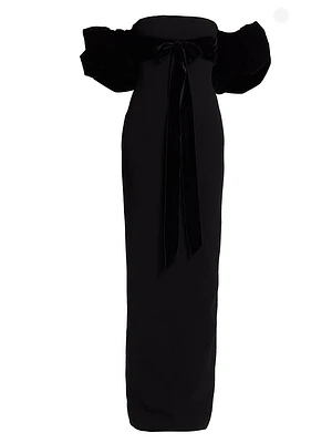 Velvet Strapless Puff-Sleeve Column Gown