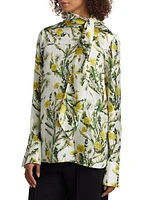 Floral Silk Twill Tieneck Blouse