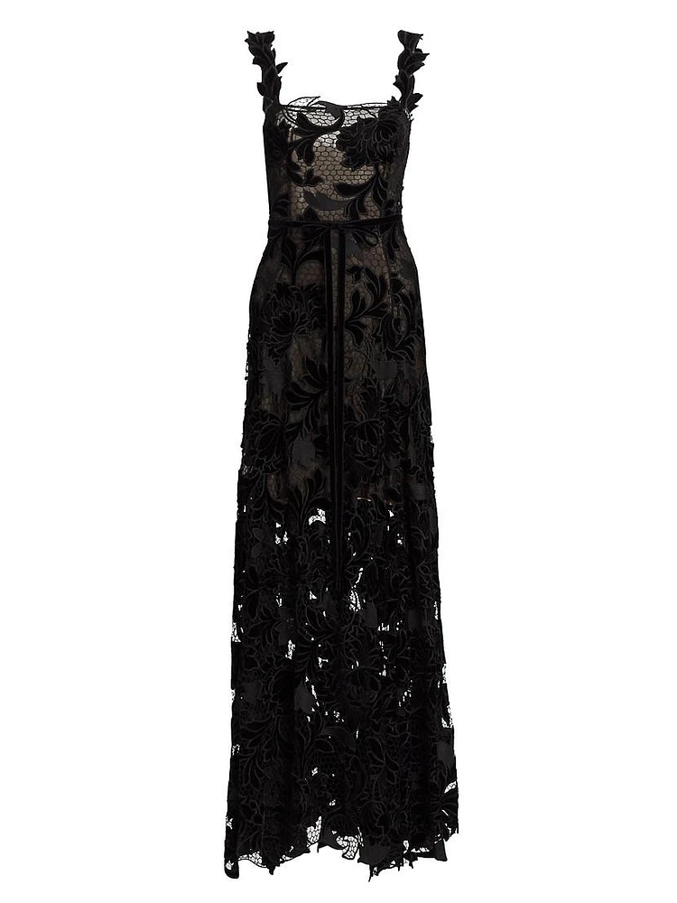 Velvet Floral-Embroidered Guipure Lace Gown