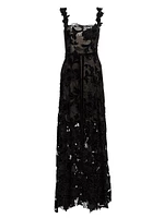 Velvet Floral-Embroidered Guipure Lace Gown