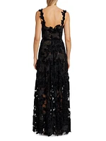 Velvet Floral-Embroidered Guipure Lace Gown